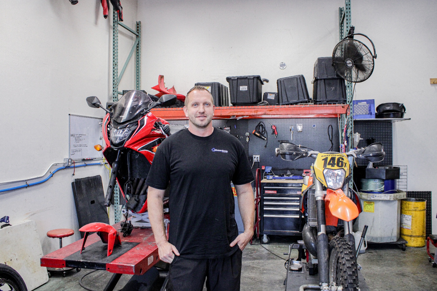 Steve, owner of Motorcycle Medics, in the shop